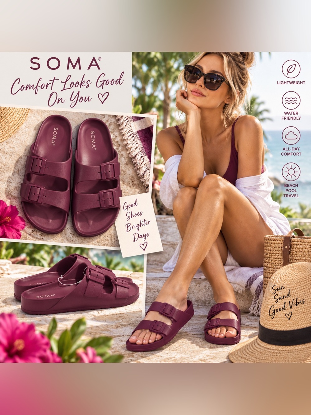 Soma sandals Velvet Plum Pool Beach Swim shoes, slippers